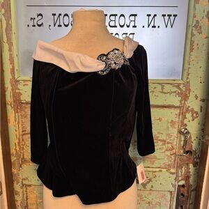 Alex Evenings Black Velvet Blouse with White Accent